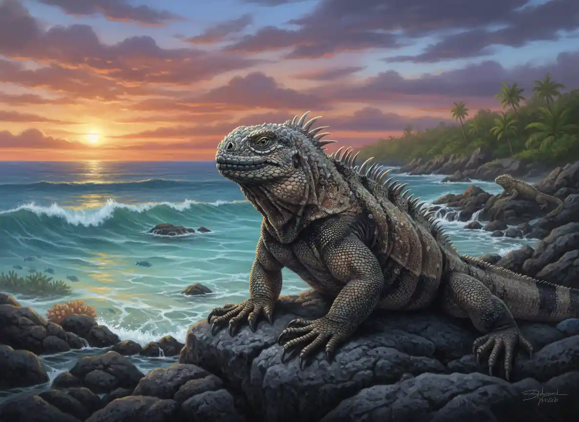 Dipinto digitale di un'iguana marina sulla costa delle Galápagos