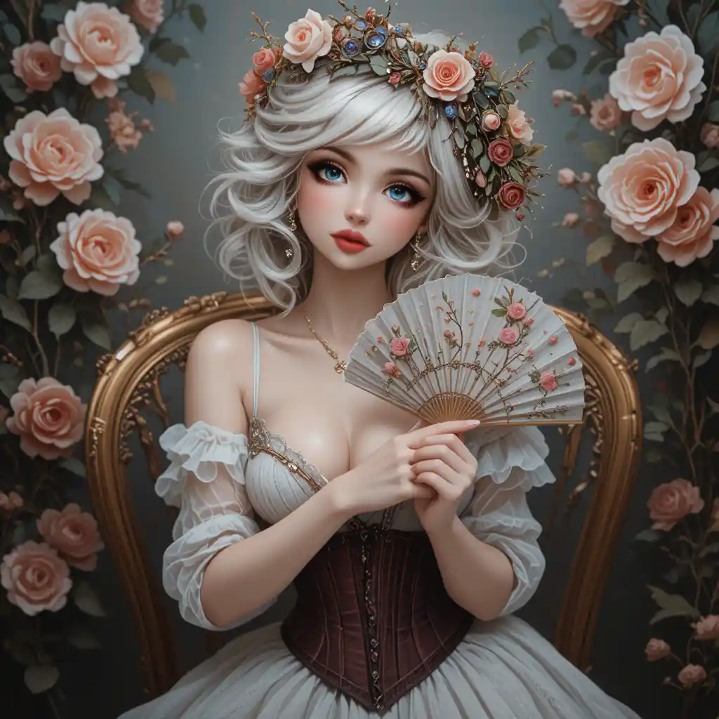 Elegant girl with white hair holding a decorative hand fan
