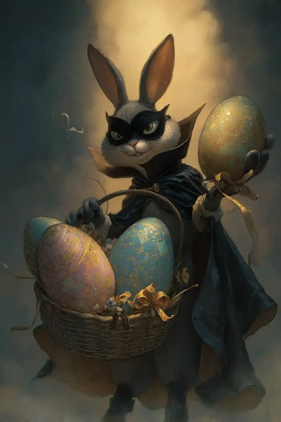 Playful masked rabbit stealing pastel Easter eggs at twilight