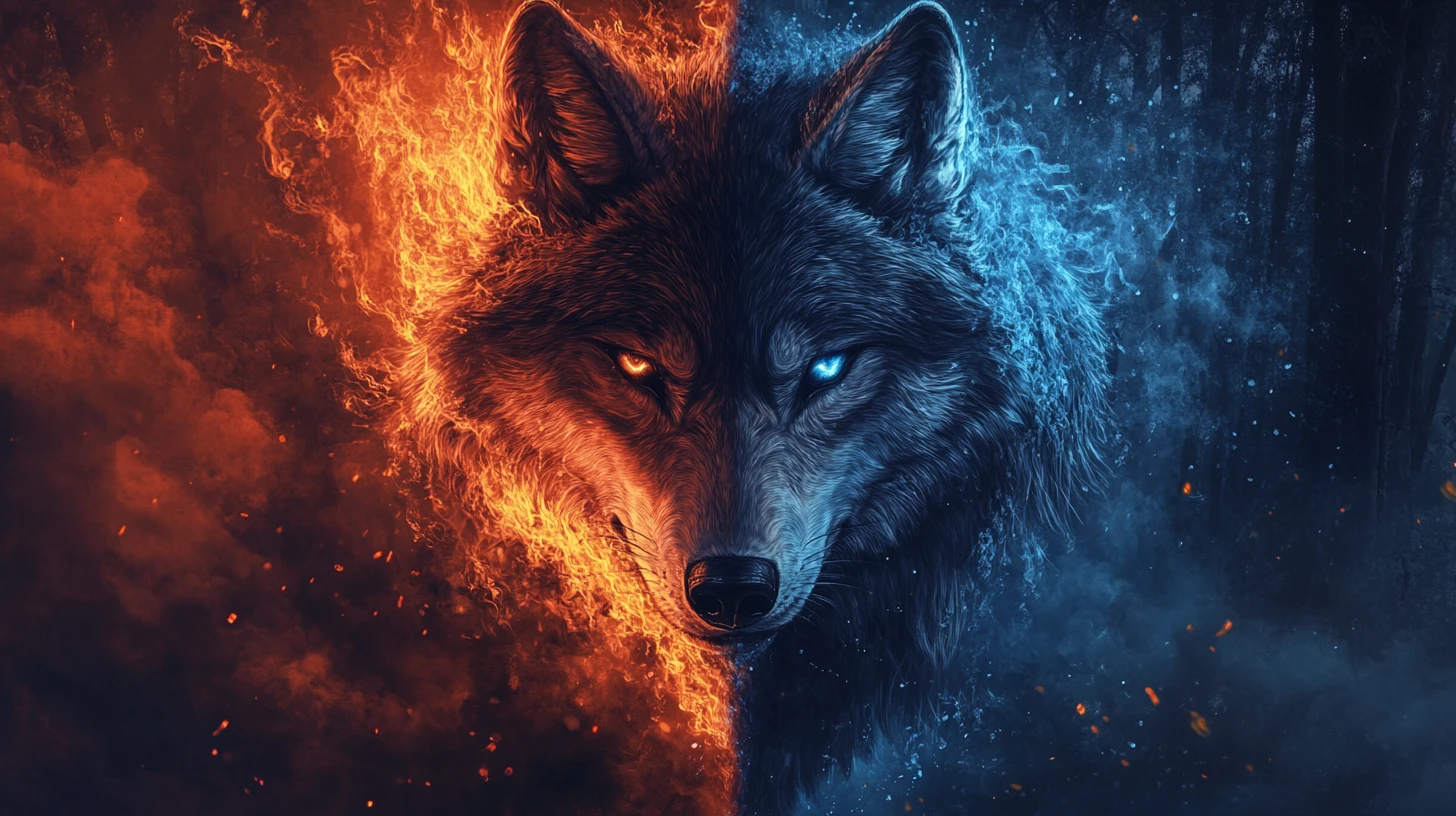 Lobo elemental majestuoso dividido entre los reinos de fuego y hielo