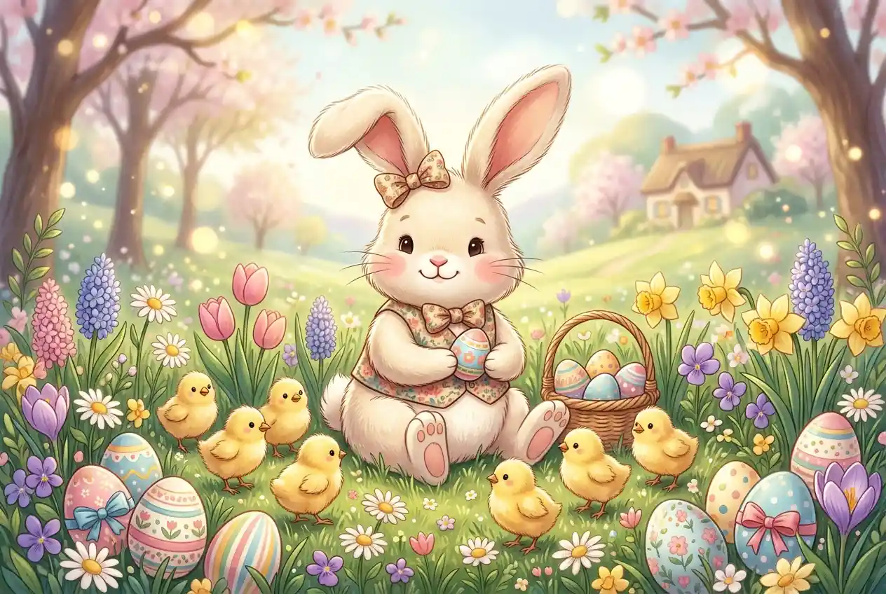 Cute easter rabbit with chicks eggs and spring flowers