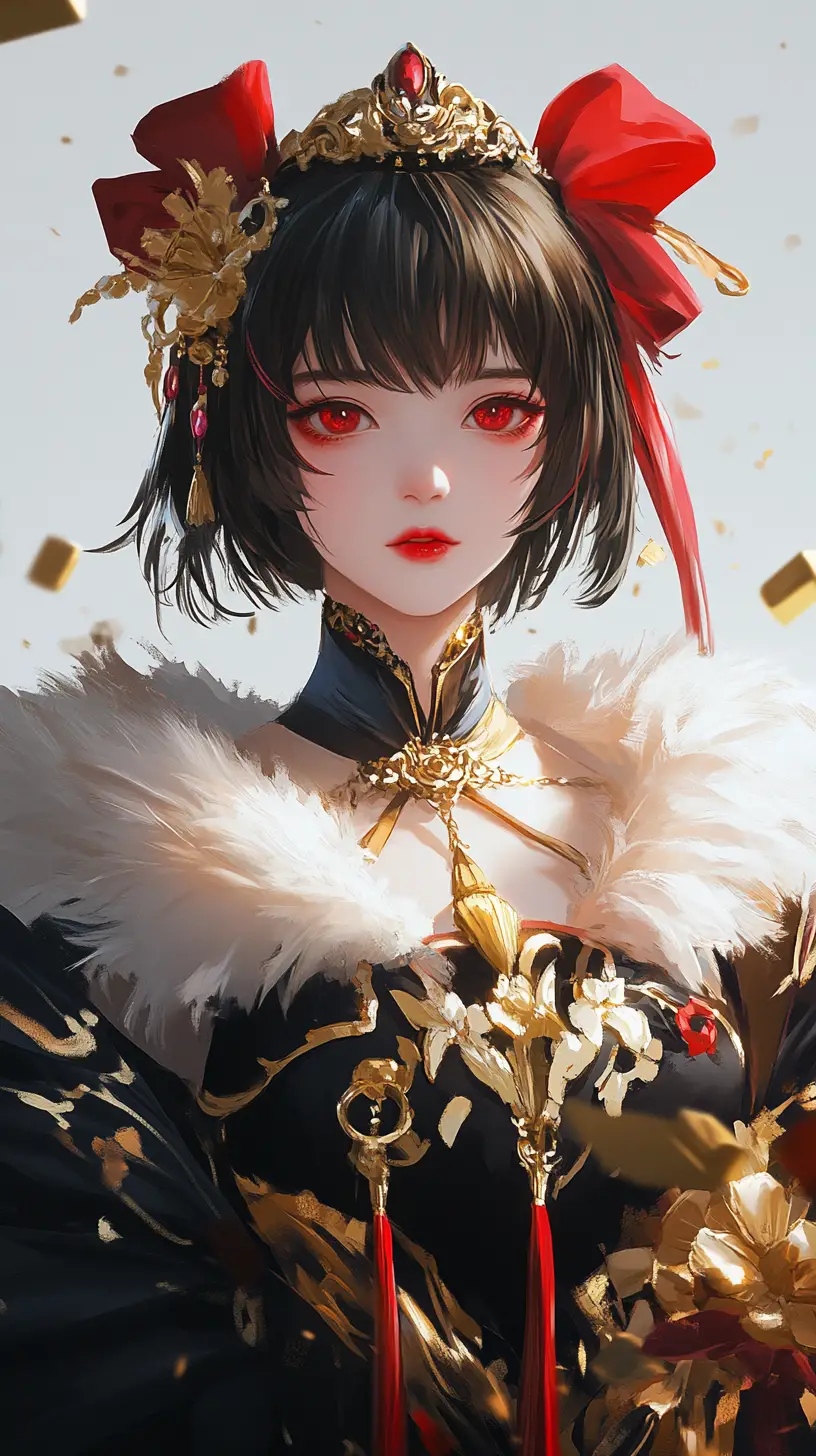 Elegant anime girl in ornate black and gold festive outfit