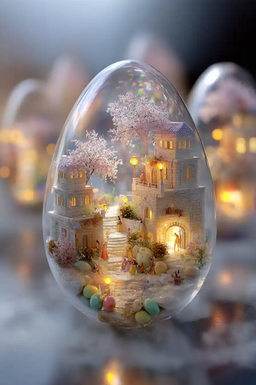 Crystal Easter eggs holding tiny magical pastel towns