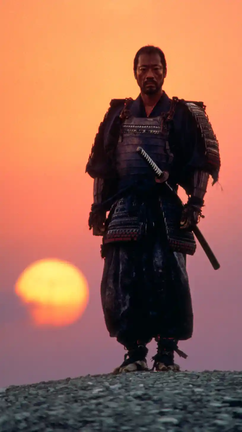 Samurai warrior on windswept hill at glowing sunset