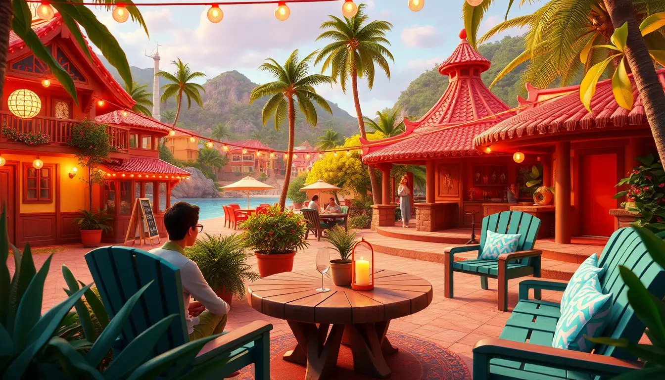 Cozy cartoon garden party by the beach village