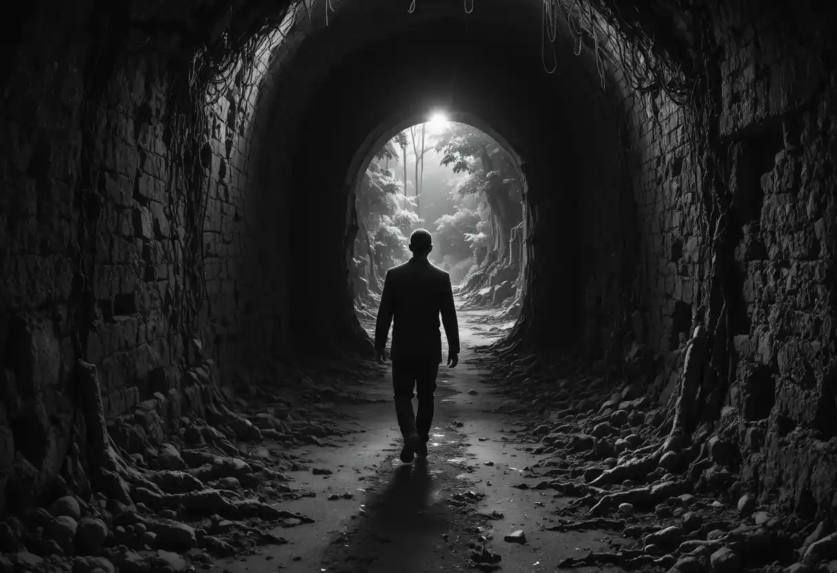 Weathered man emerging from a dim ancient tunnel