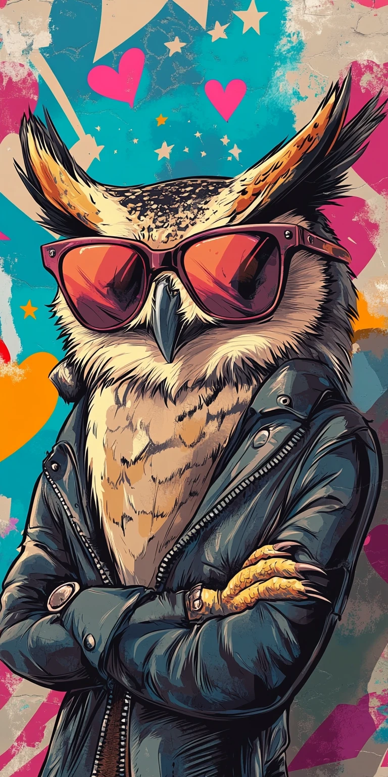 Cool owl in sunglasses against bold graffiti wall art