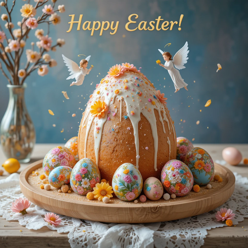 Festive Easter cake with angels and painted eggs