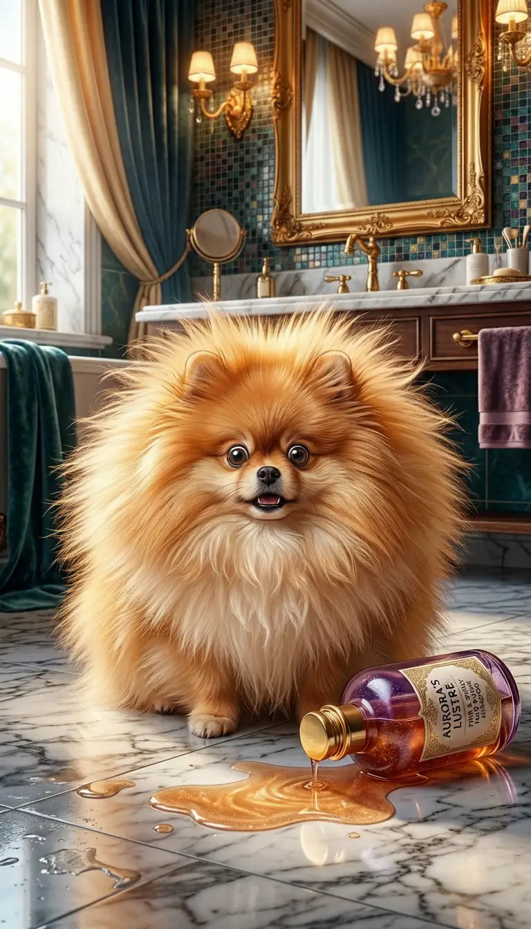 Fluffy pomeranian with exploded fur in a luxury bathroom