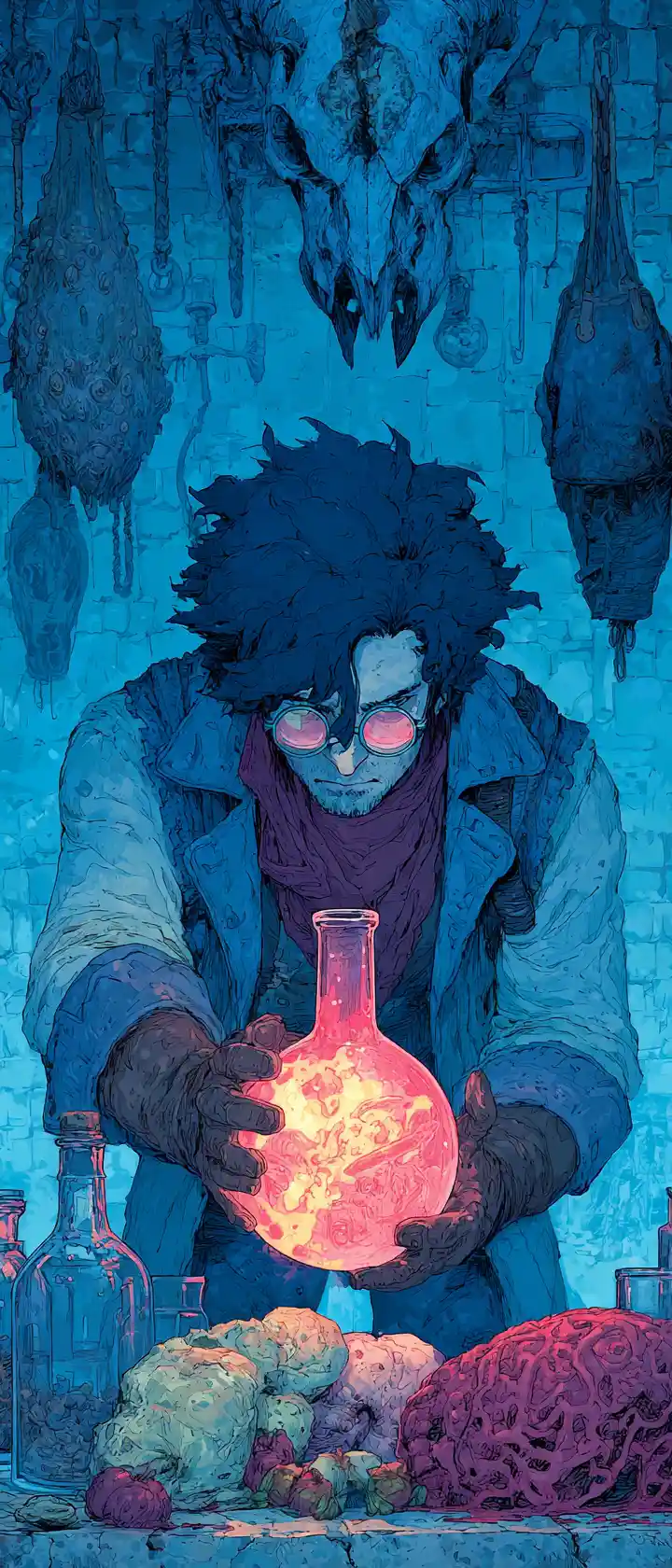 Anime alchemist studying a glowing flask in dark laboratory