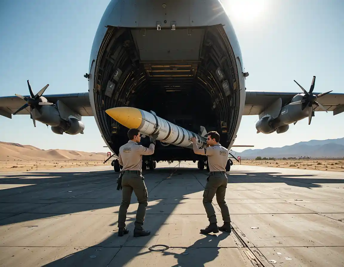 Military transport aircraft loading missile on desert runway