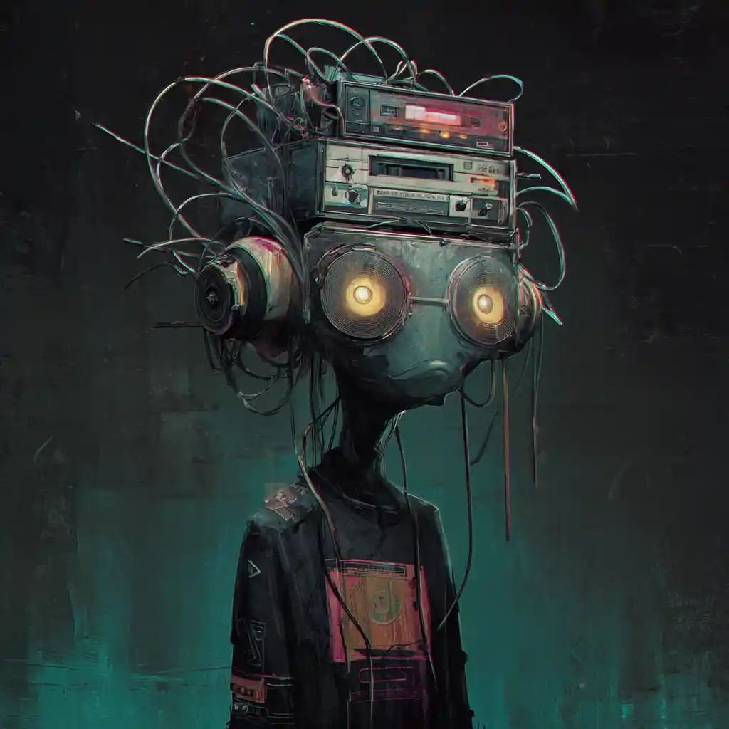 Chaotic dj mixtape wires in surreal party interface