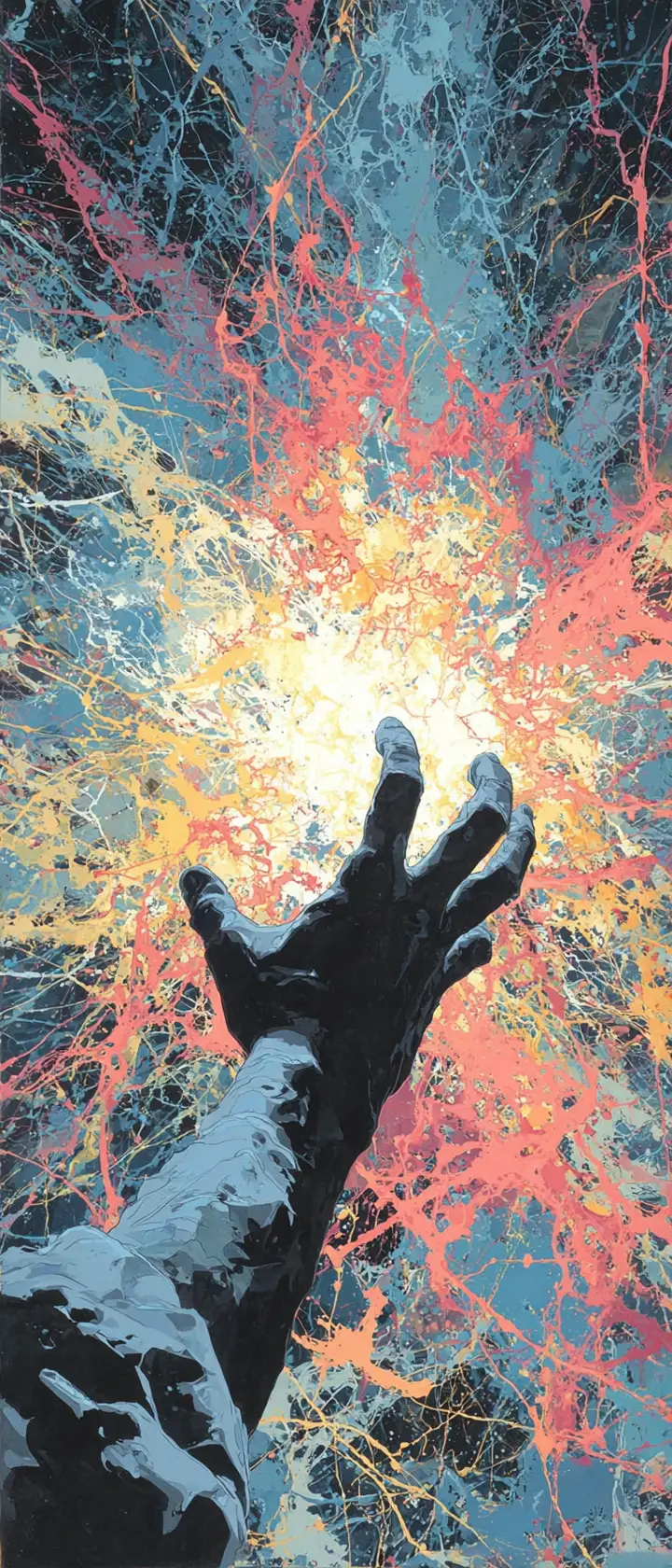 Anime hand reaching upward with explosive abstract paint
