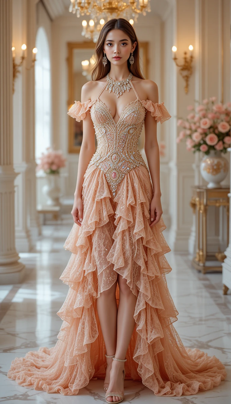 Donna elegante in abito couture color pesca in studio di lusso