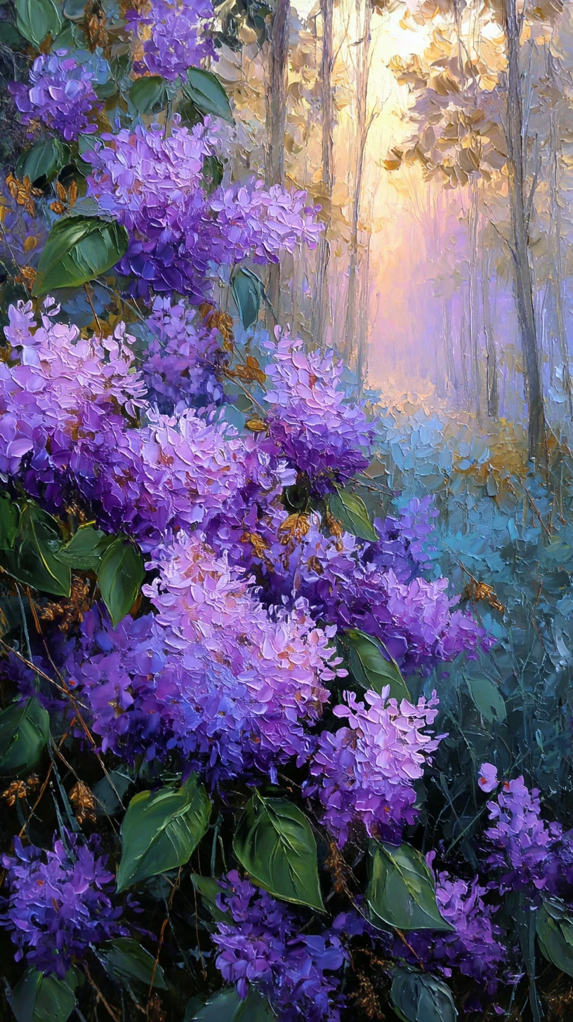 Impasto purple flowers glowing in gentle morning light