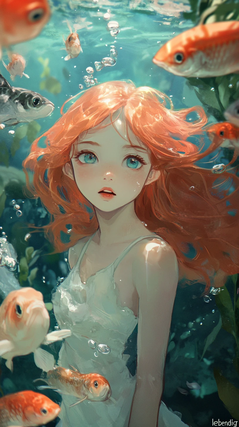 Anime chef catching glowing spice fish in underwater school