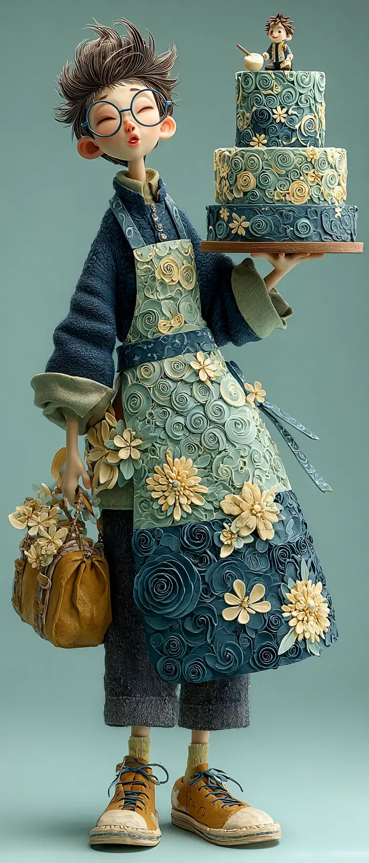 Anime baker proudly presenting a layered paper craft cake