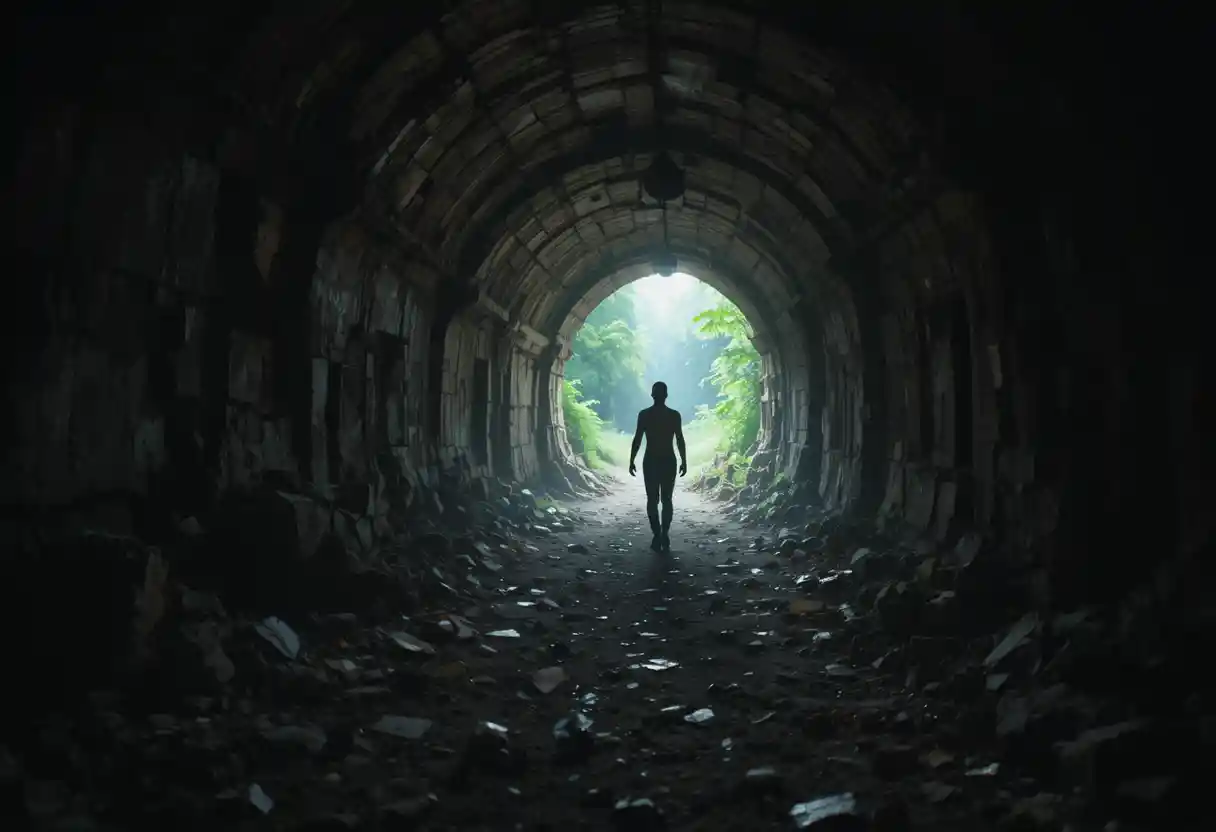 Silhouetted figure walking through a dim ancient tunnel