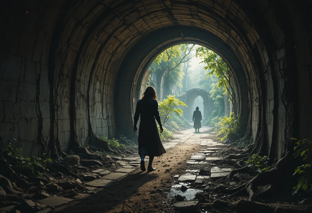Figura solitaria que emerge de un antiguo túnel oscuro