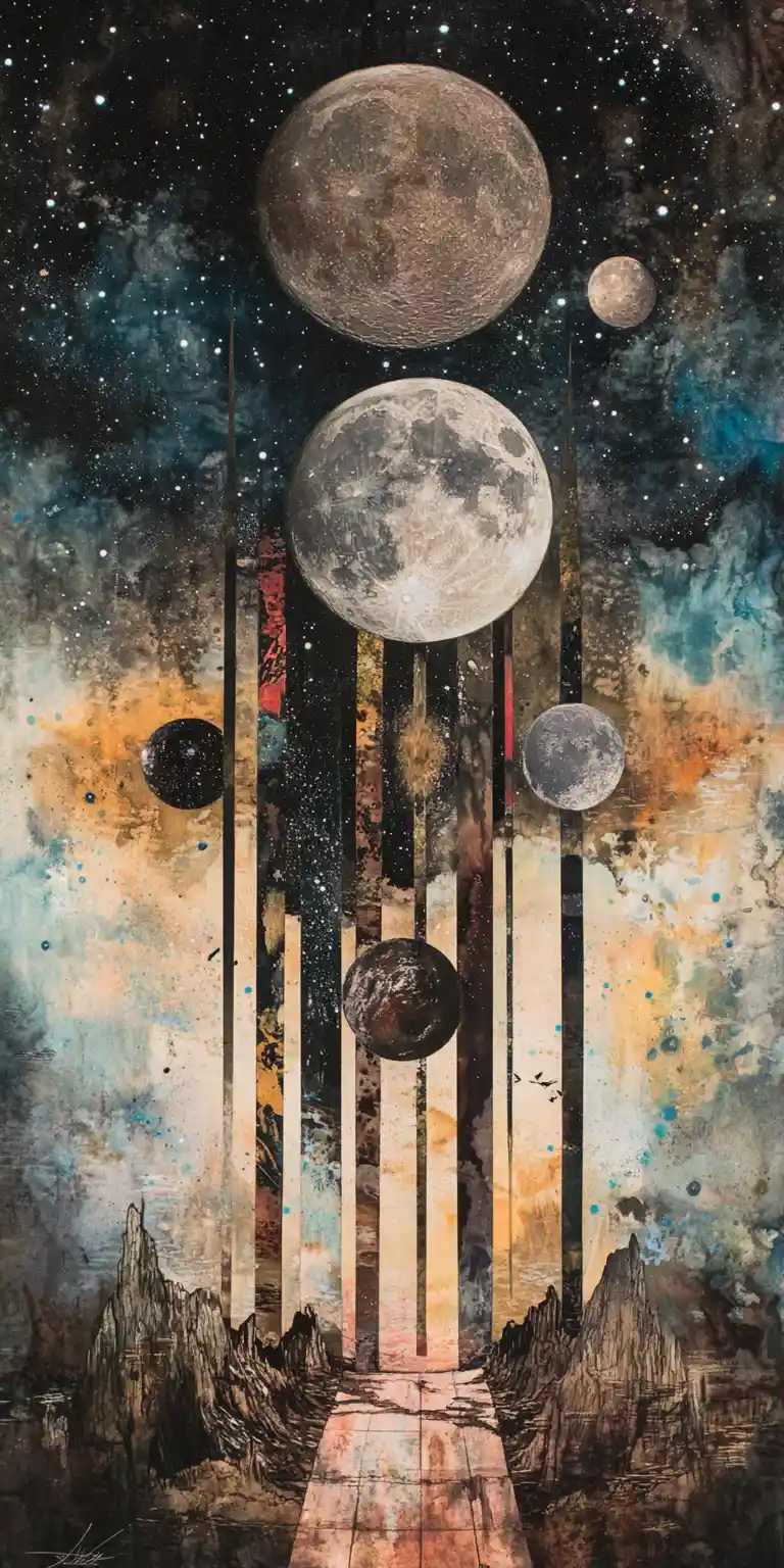 Illusione surreale di UFO e luna in un collage cosmico