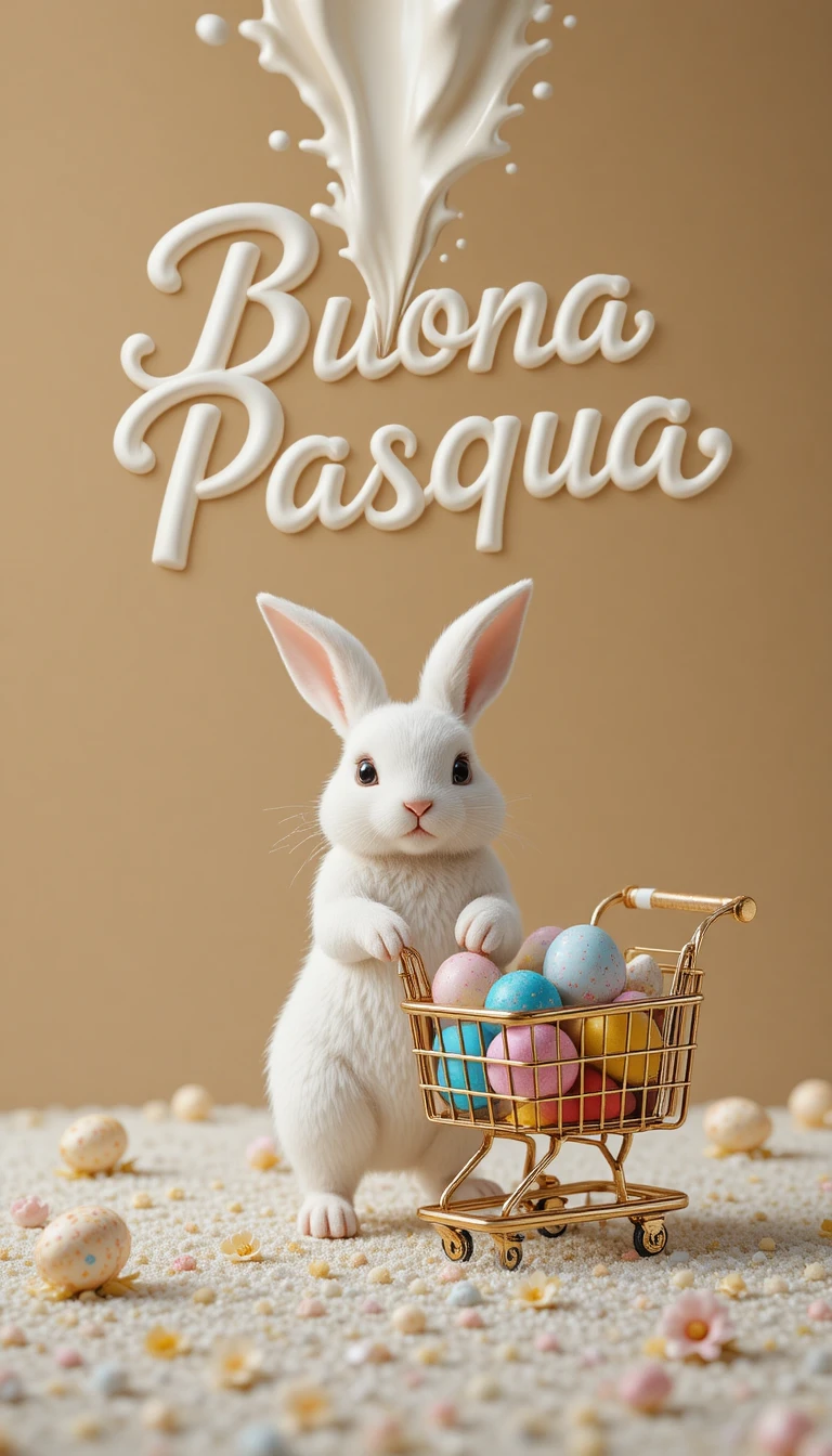 Coniglio bianco che spinge un carrello di uova di Pasqua colorate