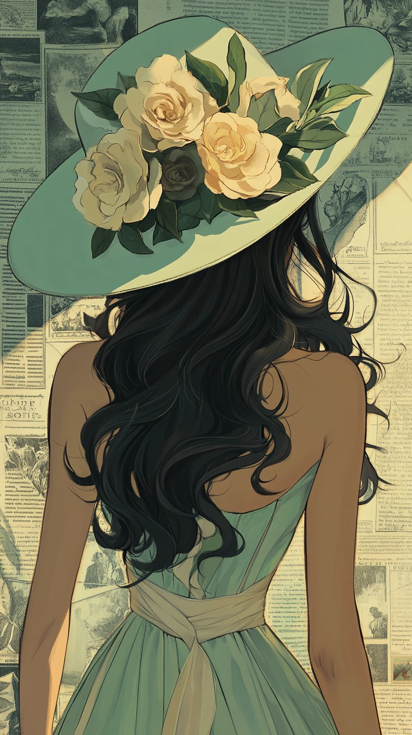 Mulher em estilo anime com vestido floral e chapéu de aba larga