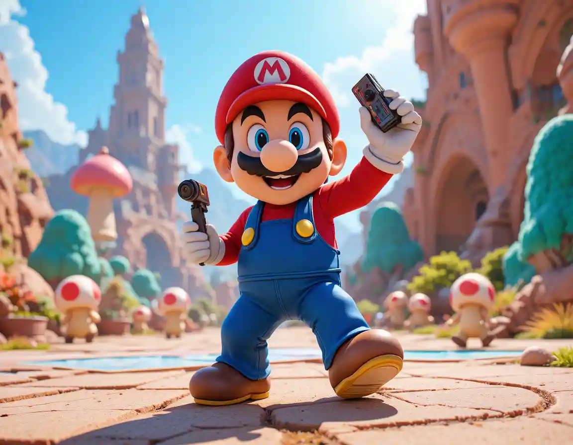 Cheerful cartoon hero holding game controller in 3D world