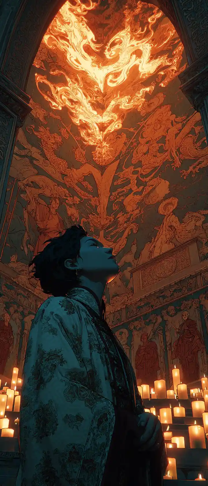 Blindfolded anime oracle in a candlelit prophecy chamber