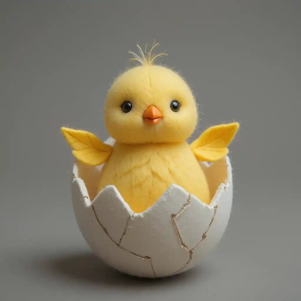 Cute felt newborn chick emerging from cracked white egg