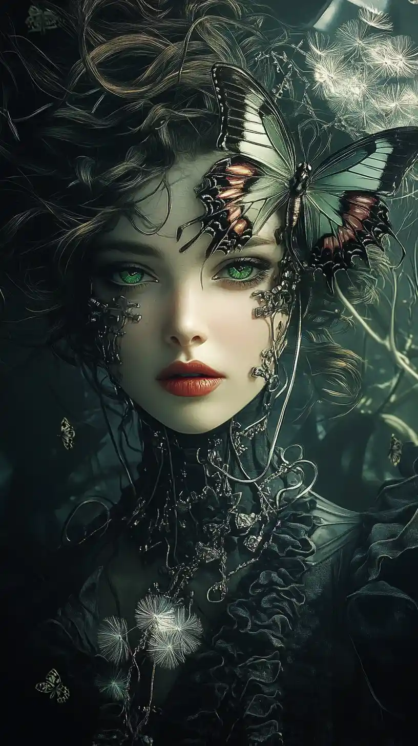 Donna cyborg cyberpunk con occhi luminosi e labbra rosse