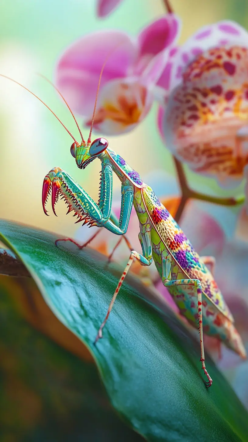 Surreal praying mantis hybrid with floral reptile textures