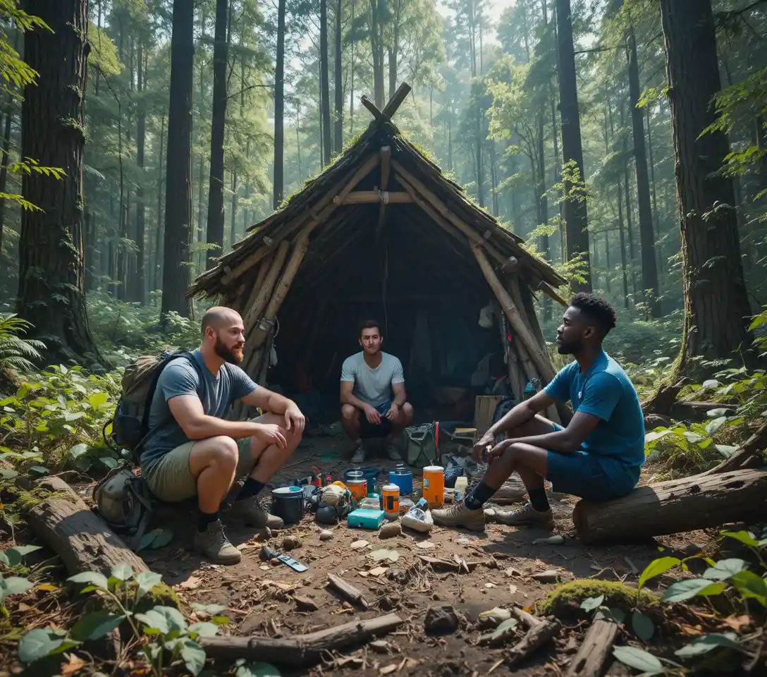 Three men building a rough shelter in dense forest