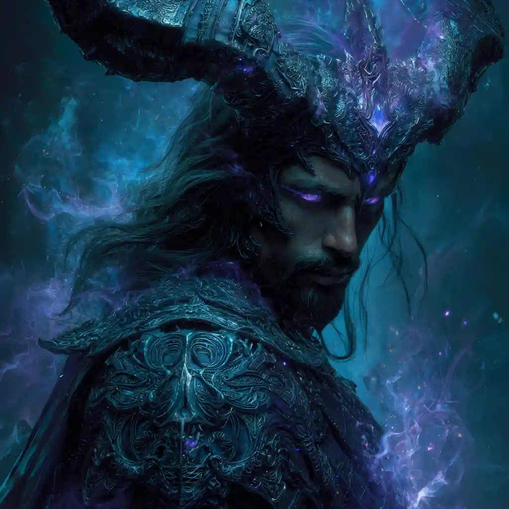 Stregone dark fantasy con corna e occhi viola luminosi
