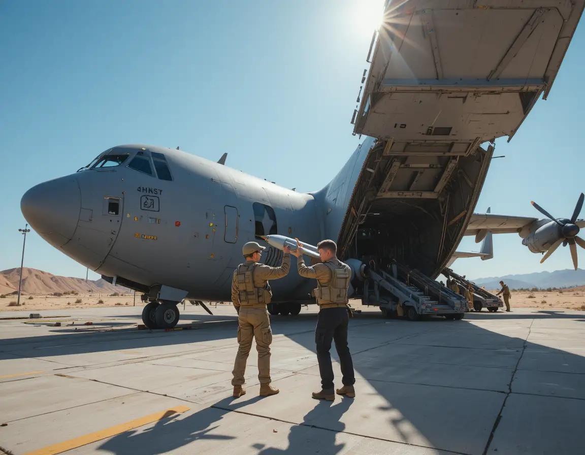 Besatzung eines Militärtransporters lädt Rakete auf Wüstenrollbahn