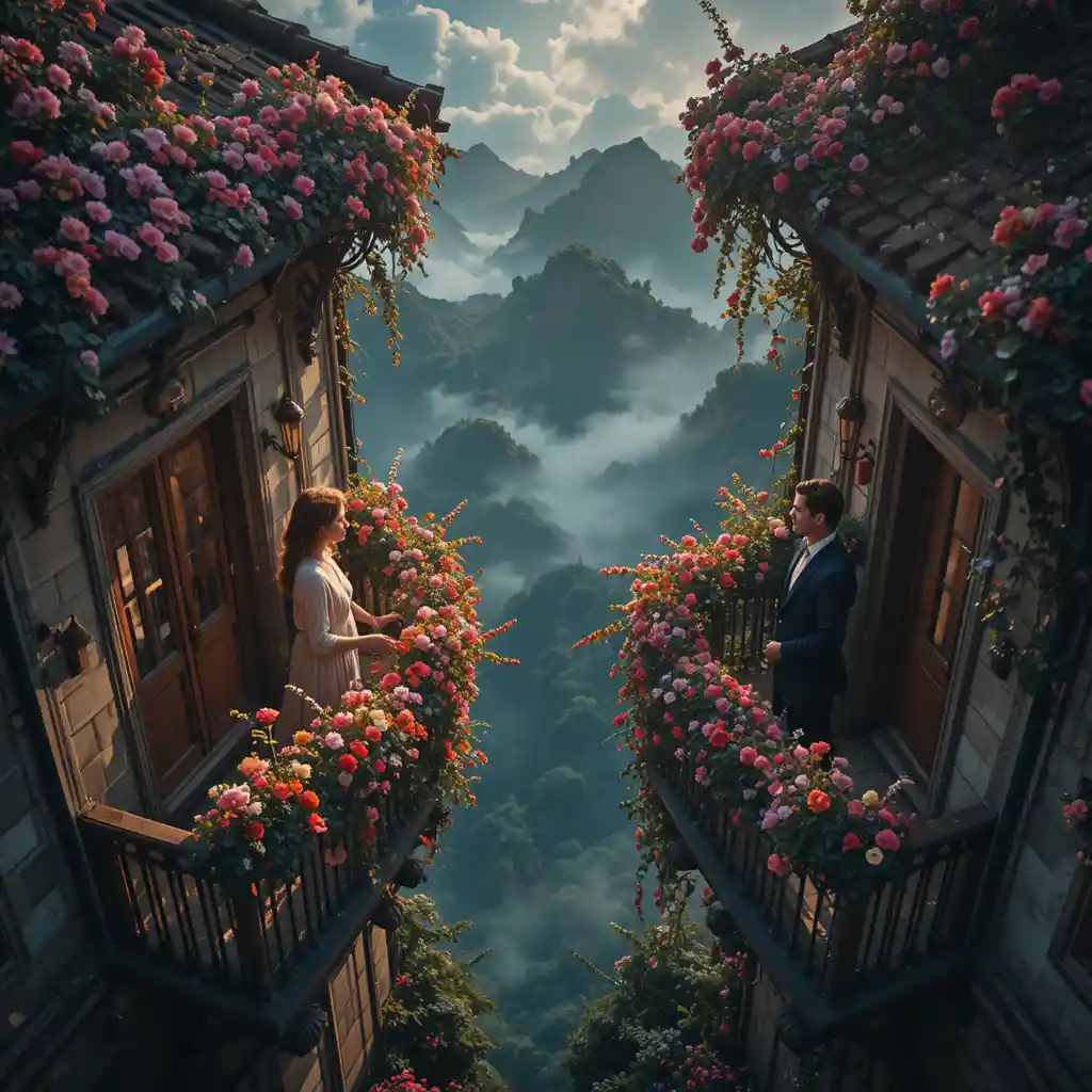 Bacio romantico tra due balconi in ripresa dall’alto