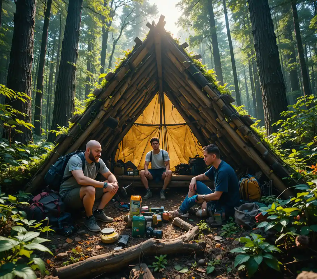 Three men building a survival shelter in dense forest
