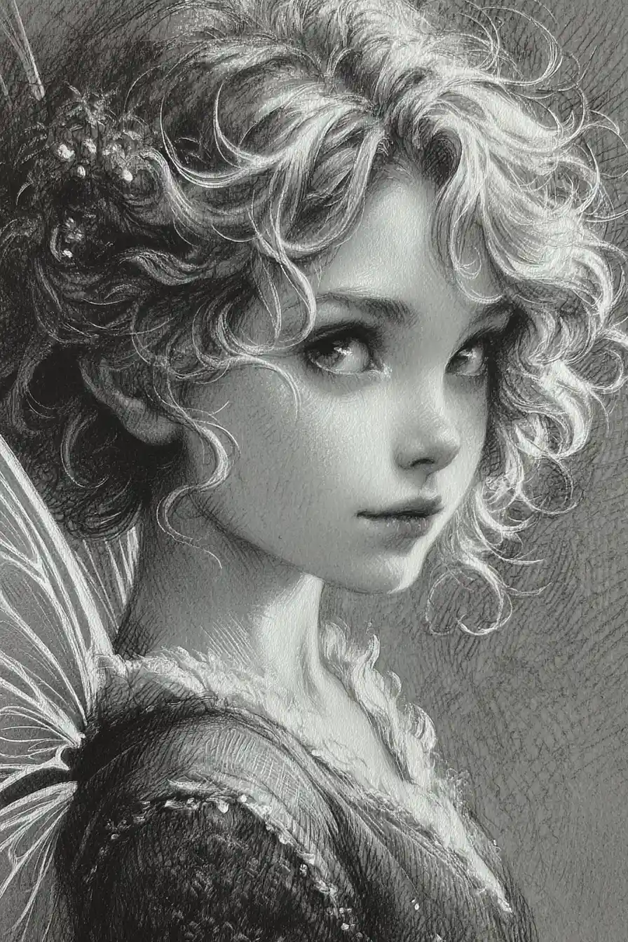 Dibujo etéreo de perfil de hada con alas delicadas