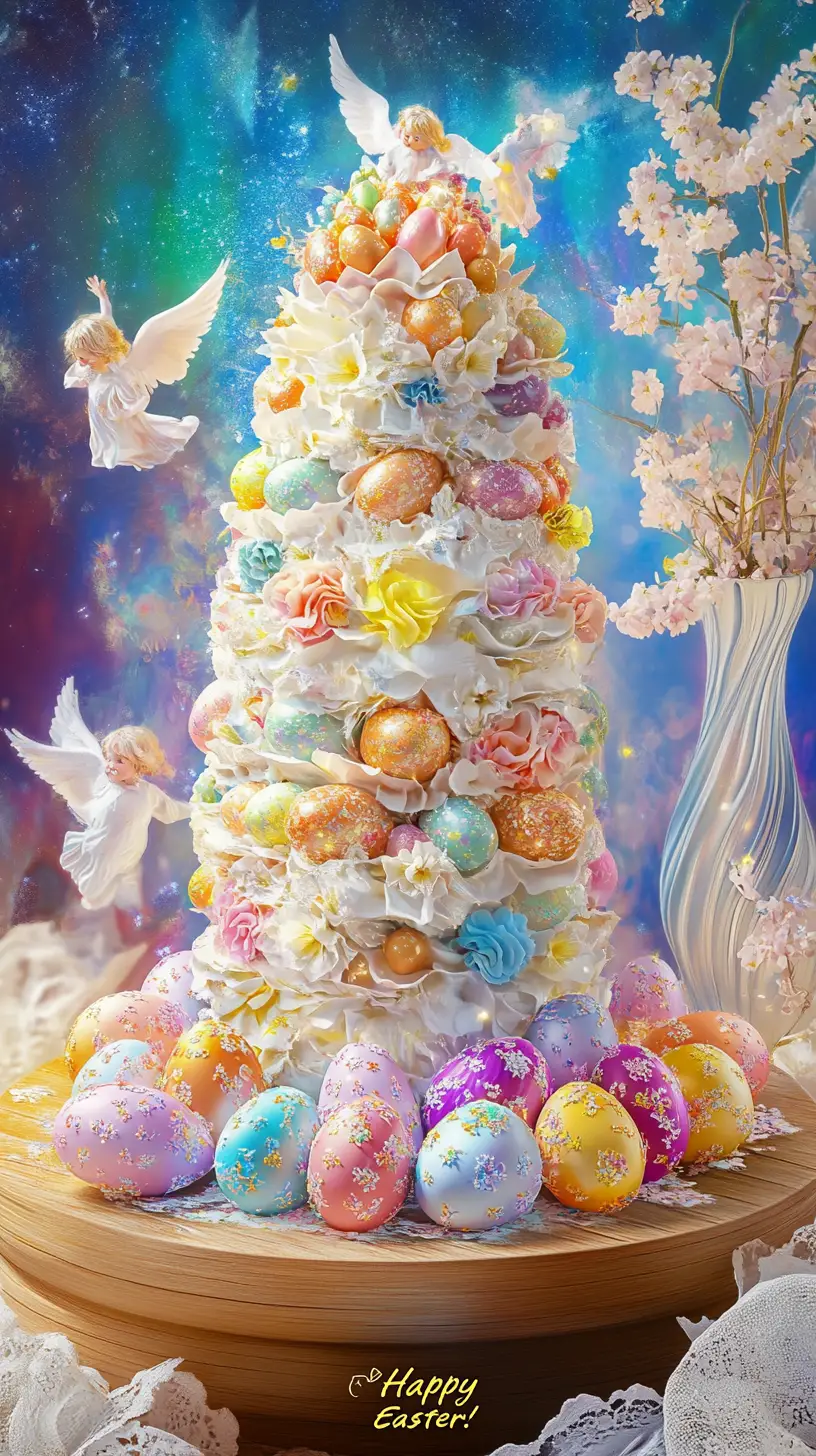 Easter cake with angels and colorful eggs on wooden platter