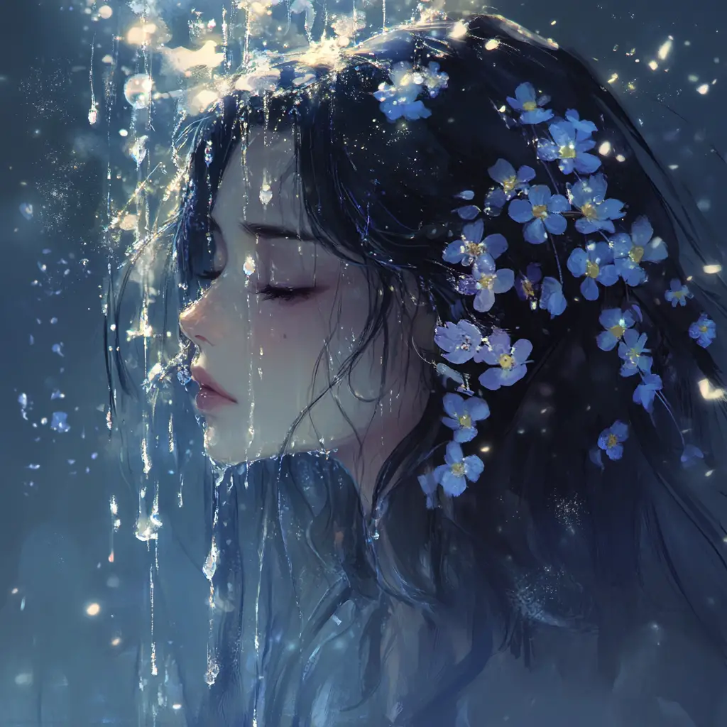 Woman rising from a rainy lake with wet dark hair