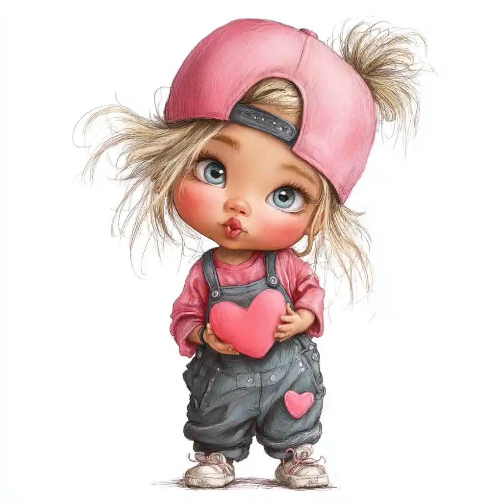 Cute baby girl in pink hat holding valentine heart