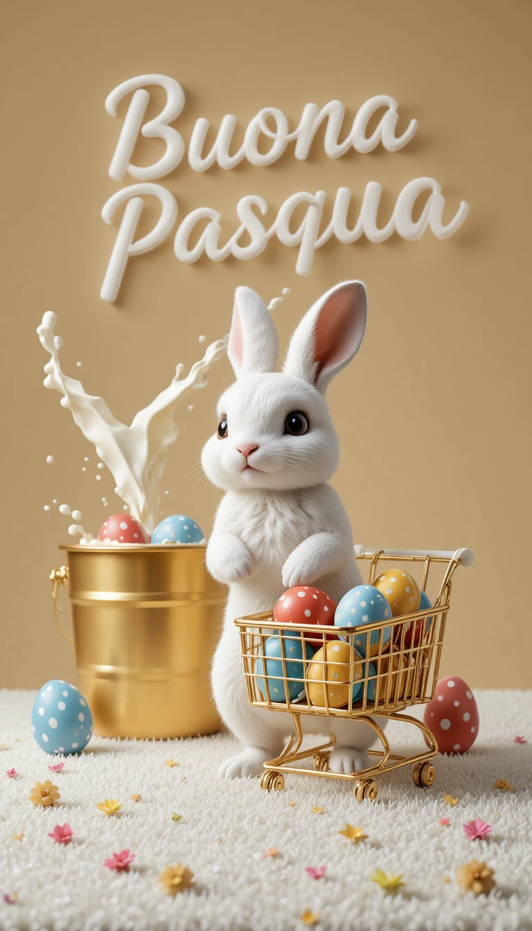 Coniglio bianco con carretto di uova di Pasqua colorate