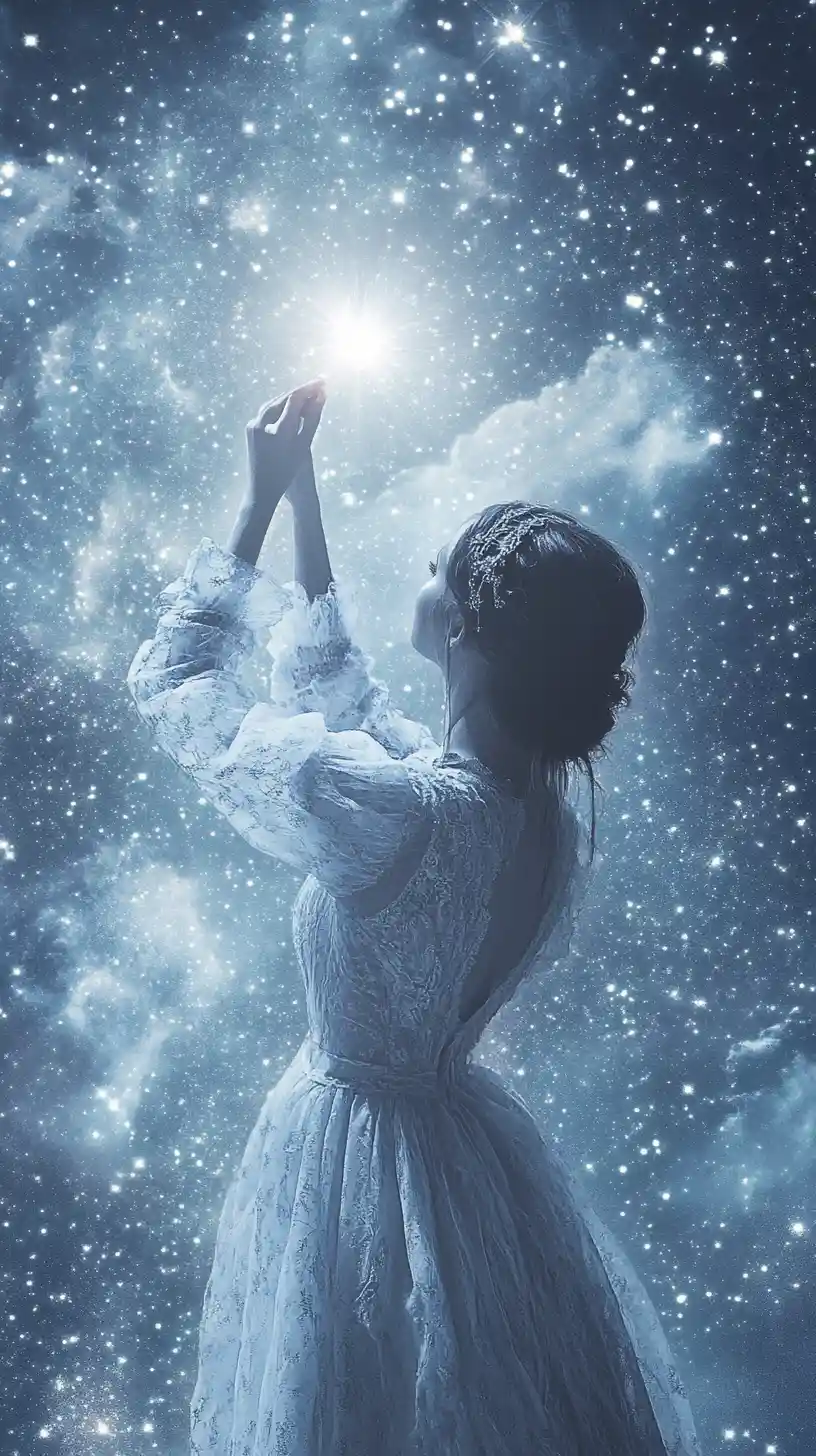 Donna che tende la mano verso una singola stella in un cielo sconfinato