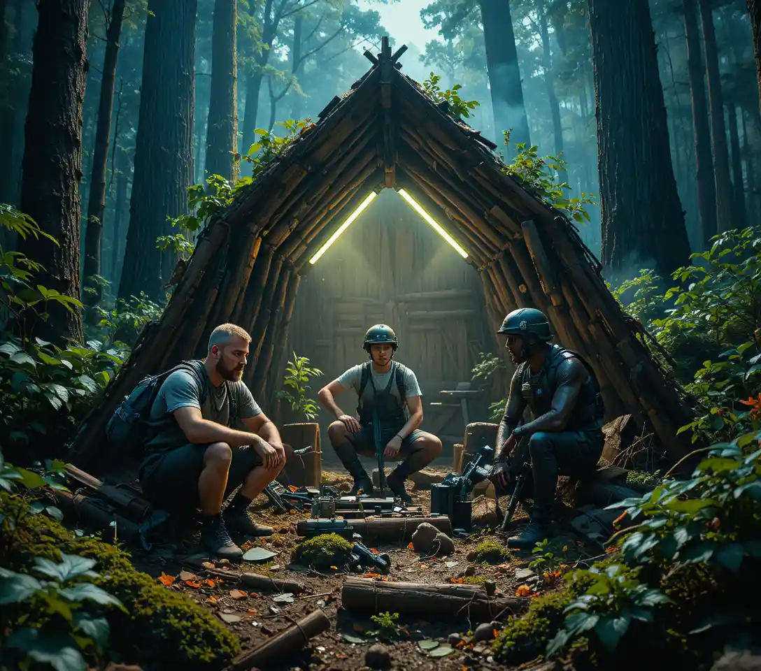 Equipo de supervivencia construyendo un refugio rústico en un bosque denso