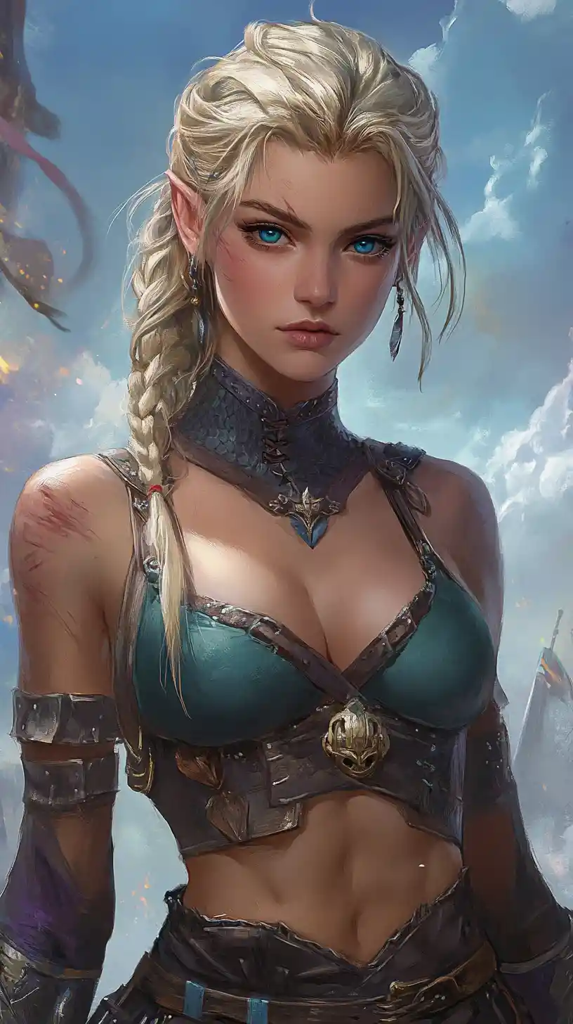 Anime-Elfenheldin steht stolz in einer dramatischen Fantasy-Szene