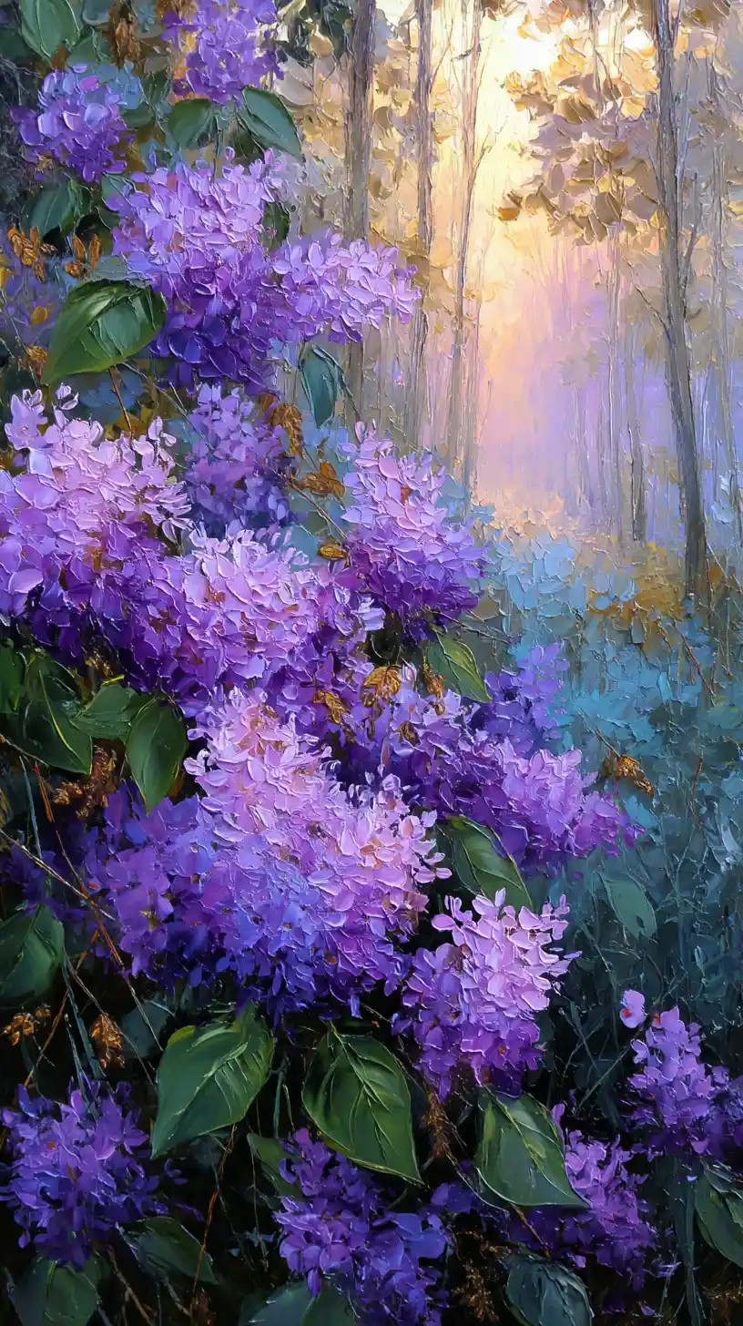 Impasto-Lila-Blumen im sanften Morgenlicht leuchtend