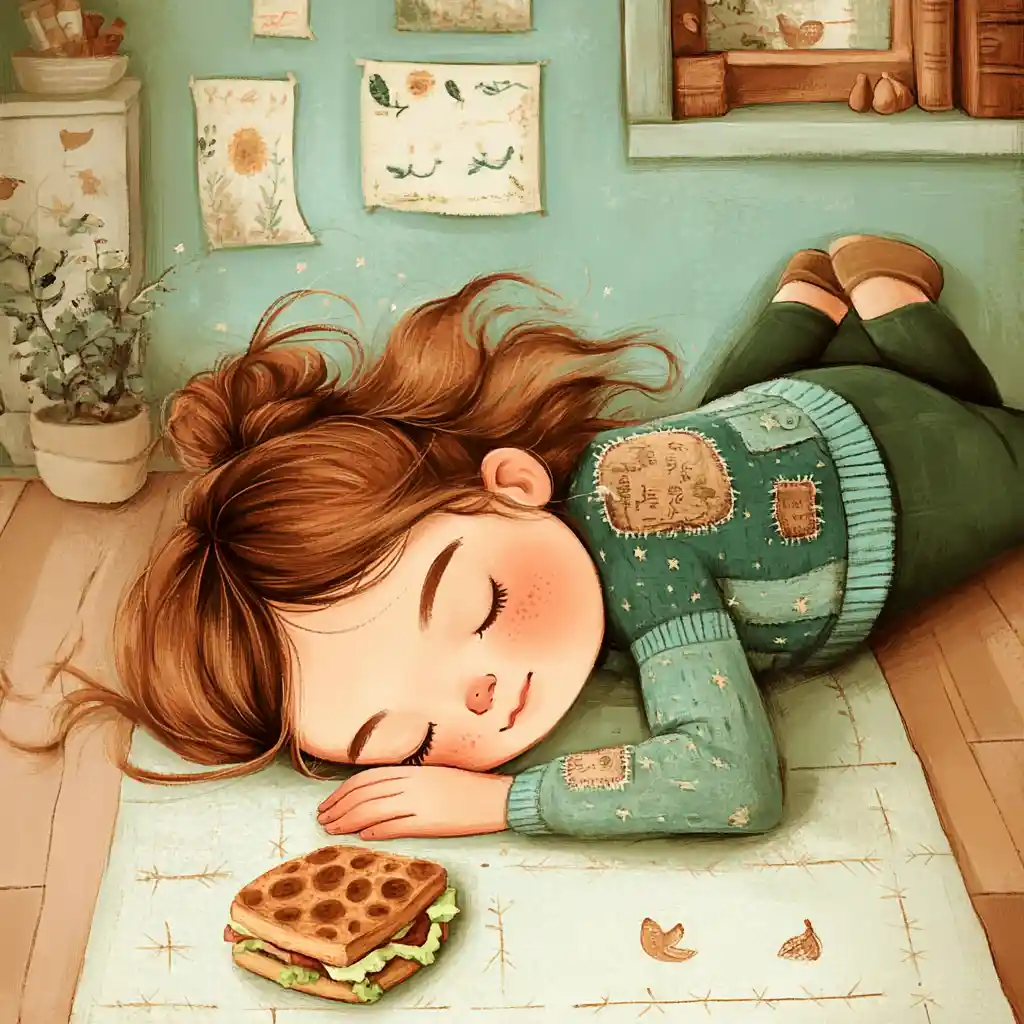 Sleepy girl napping on the floor of a cozy room