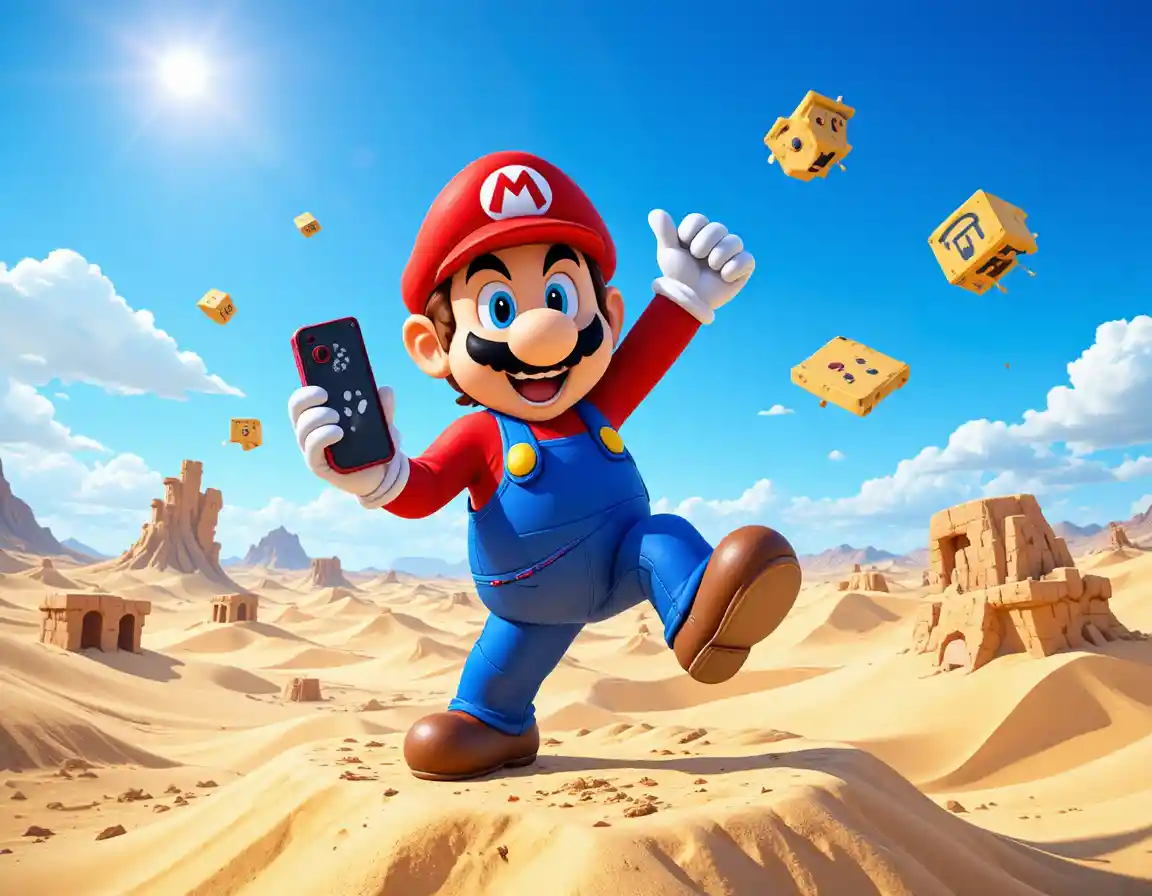 Cartoon hero on floating platform in sunny desert world