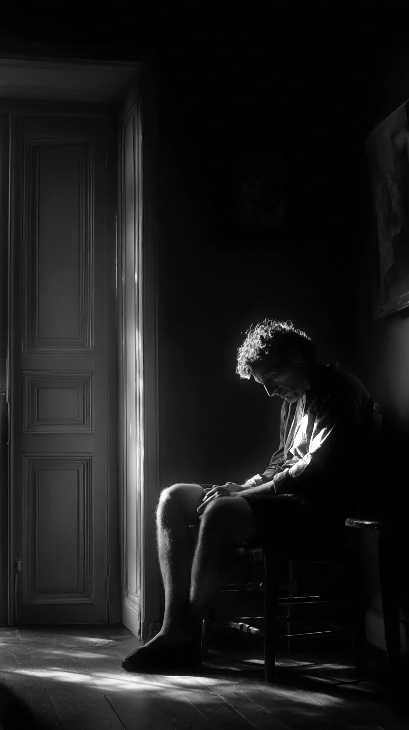 Figure Bowed Under A Dark Inner Sky Of Wings
