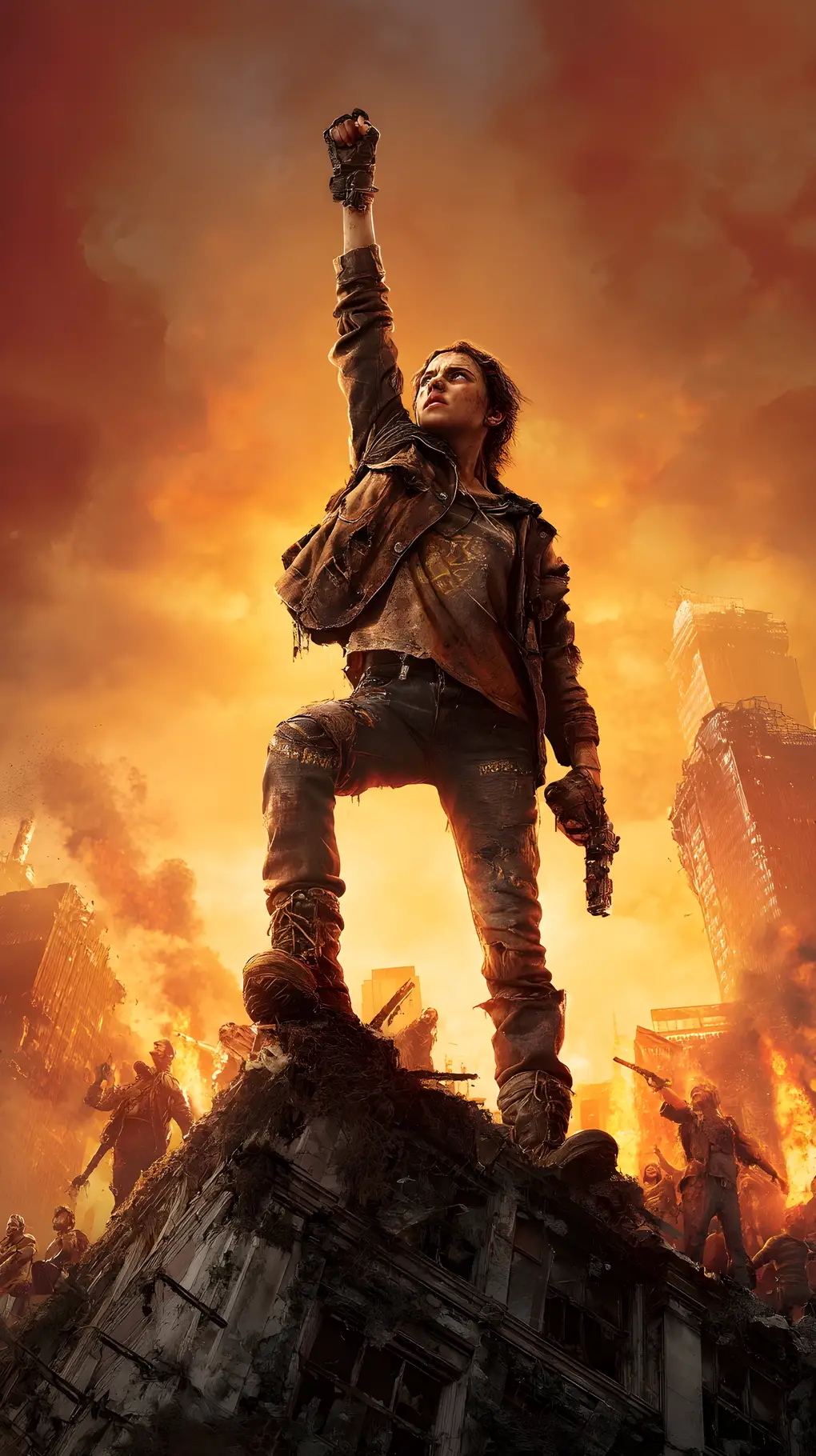 Rebellion leader raising fist above a burning ruined city