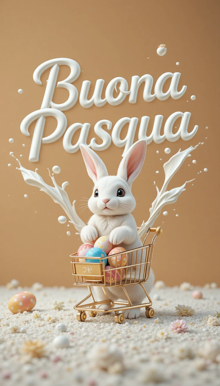 Coniglio bianco che spinge carretto di Pasqua con schizzi di vernice dorata